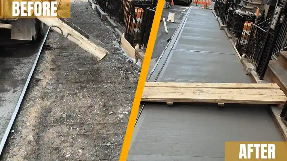 before and after comparison of a repaired sidewalk in nyc